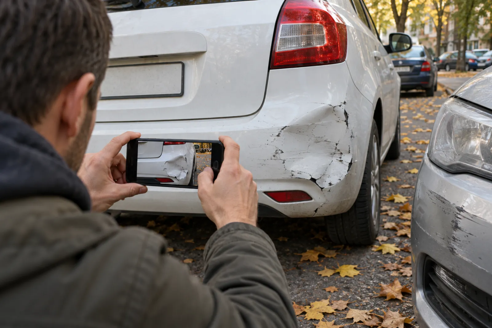 Imagine generată cu AI: Cineva fotografiază cu telefonul bara spate lovită a unei mașini albe, după o tamponare