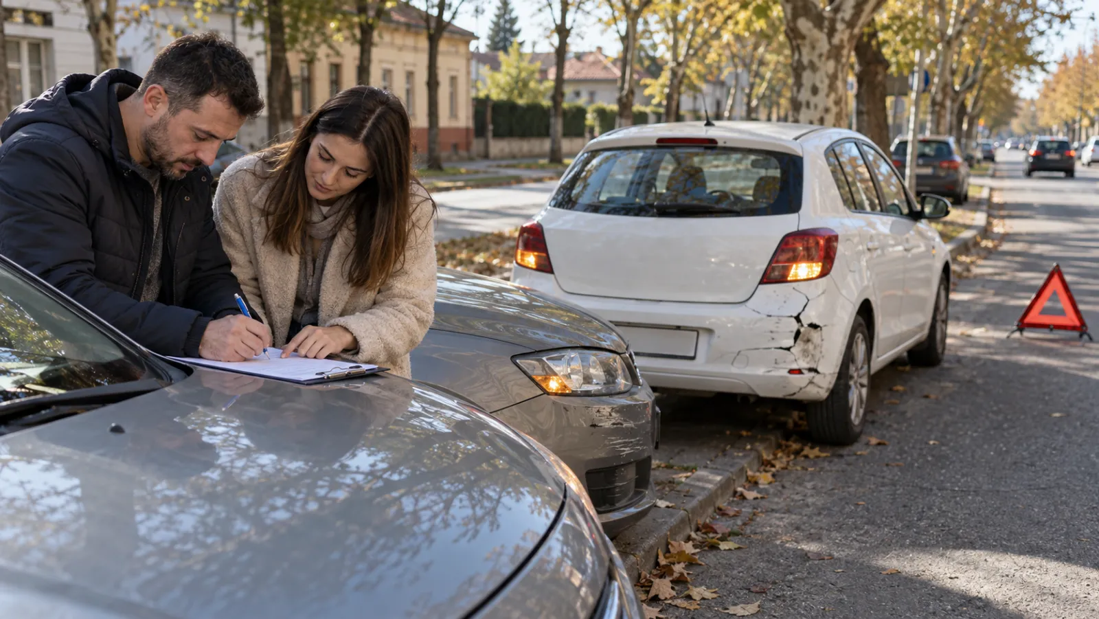 Imagine generată cu AI: Doi șoferi completează constatarea amiabilă pe capota unei mașini, după o tamponare ușoară pe o stradă de oraș
