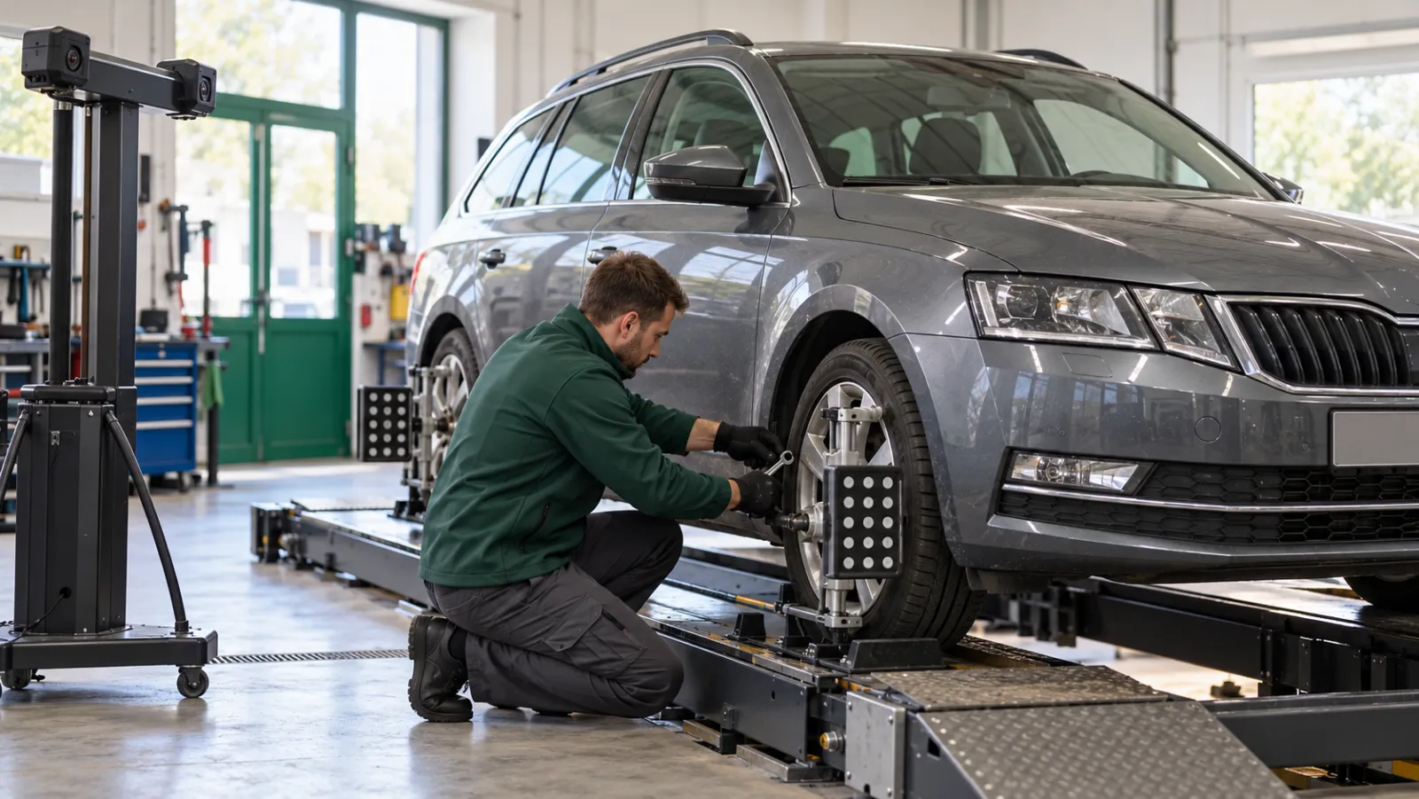 Imagine generată cu AI: O Skoda Octavia break pe standul de geometrie, cu ținte pe roți; un mecanic reglează bara de direcție