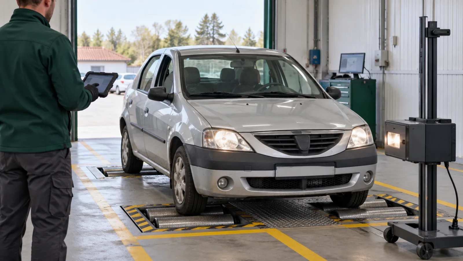 Imagine generată cu AI: O Dacia Logan argintie pe standul de frânare al unei linii ITP, cu inspectorul lângă roata din față