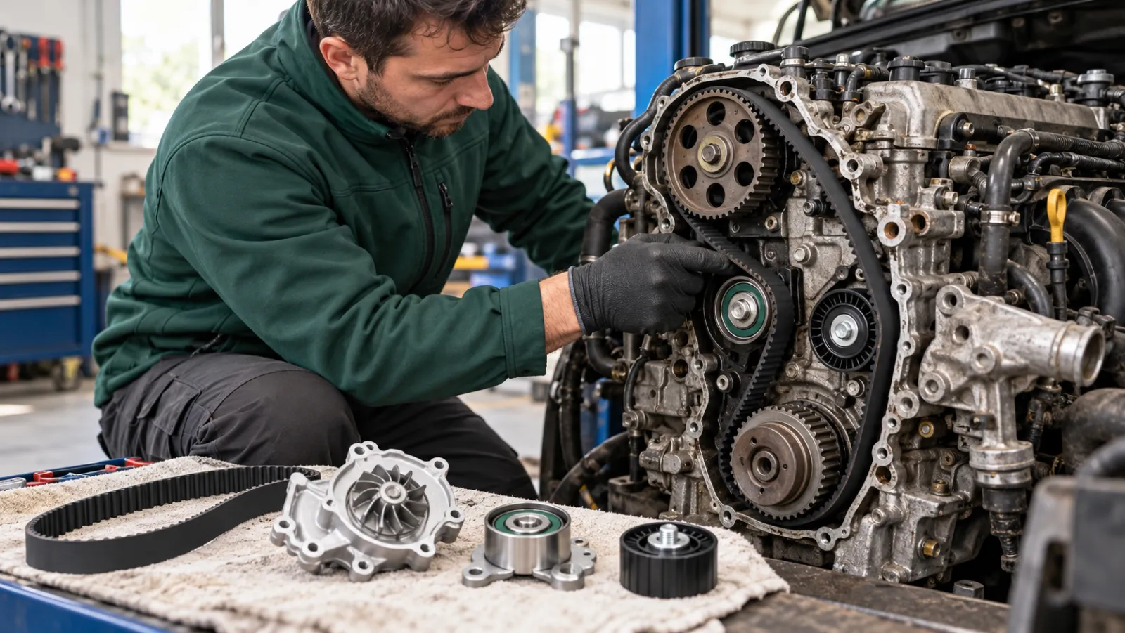 Imagine generată cu AI: Un mecanic verifică tensiunea curelei de distribuție la un motor cu capacul demontat; alături, kitul nou și pompa de apă