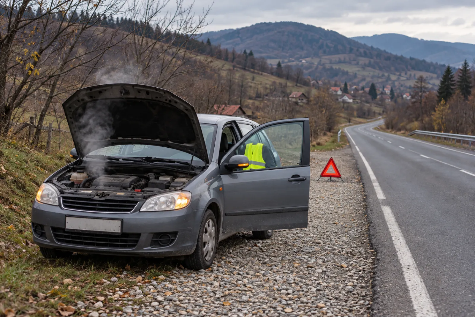 Imagine generată cu AI: O mașină oprită pe acostament, cu avariile pornite, capota ridicată și triunghiul reflectorizant în spate