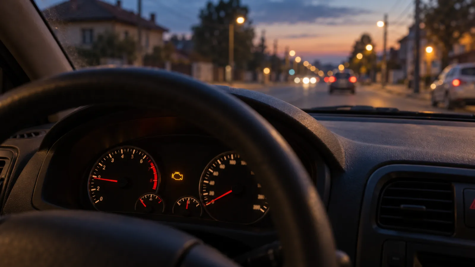 Imagine generată cu AI: Bordul unei mașini la amurg, cu martorul galben de motor aprins