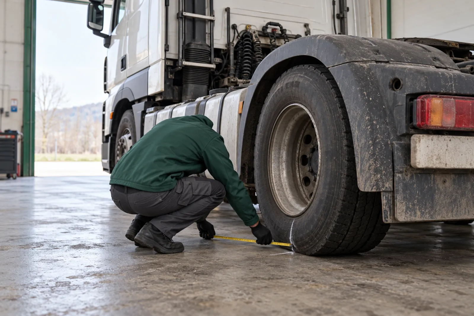 Imagine generată cu AI: Un tehnician măsoară cu ruleta circumferința de rulare a unei roți de pe axa motoare a unui cap tractor