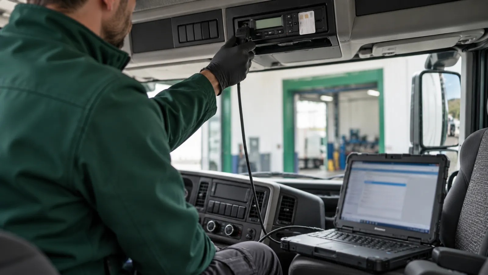 Imagine generată cu AI: Un tehnician conectează un cablu de diagnoză la tahograful digital dintr-o cabină de camion