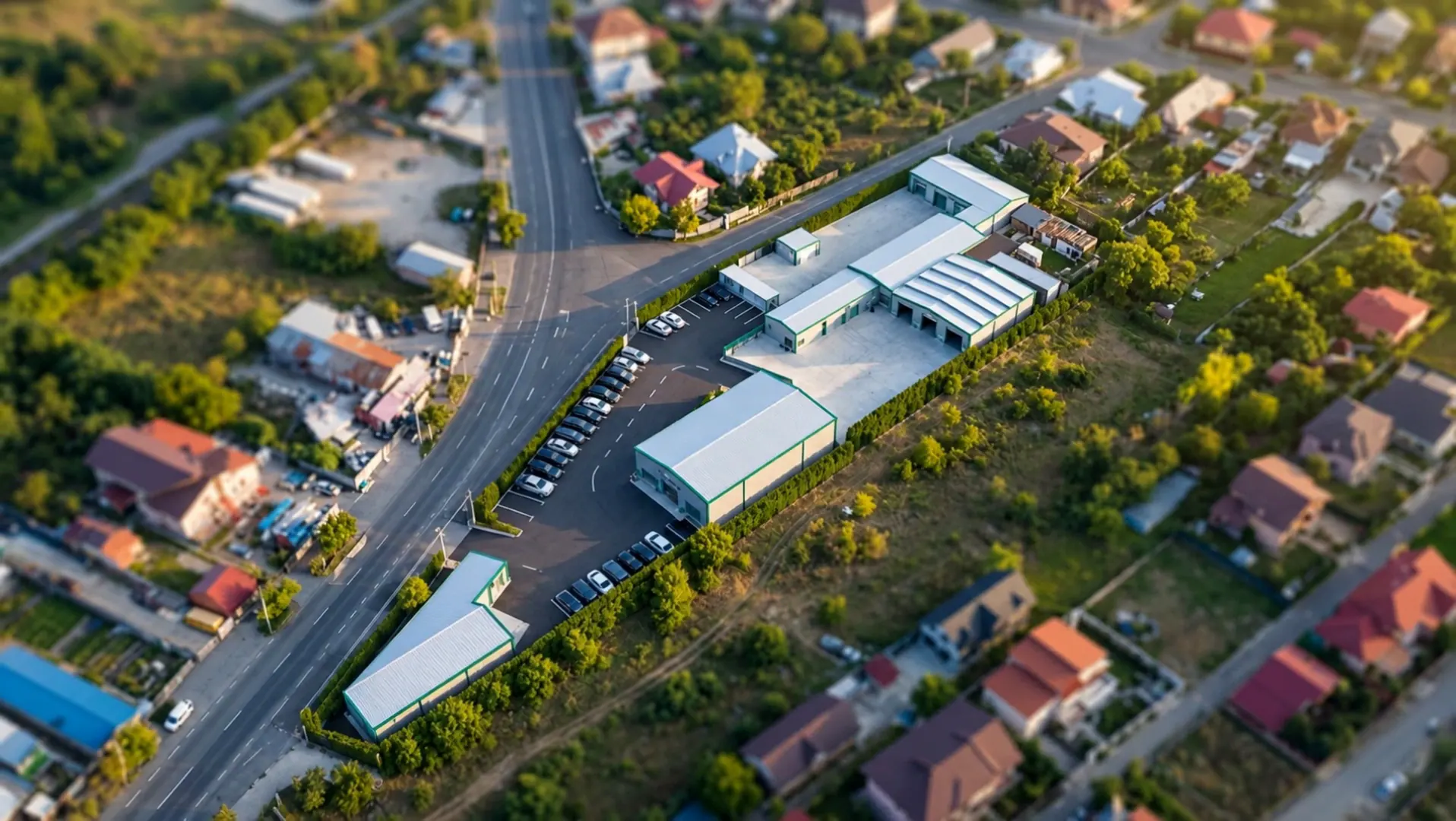 Vedere aeriană generată cu AI a curții C&C Auto Center, cu halele, parcarea și drumul de acces