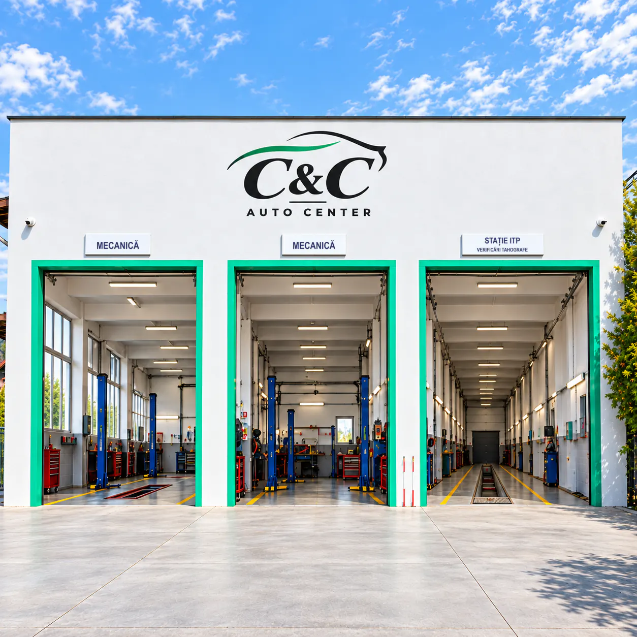 Imagine generată cu AI a clădirii Service Auto C&C, cu două boxe de mecanică și stația ITP, ușile cu rame verzi deschise