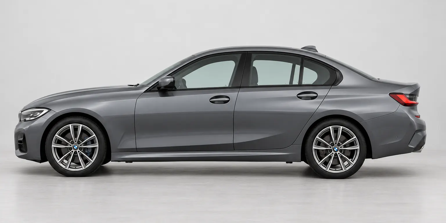 Imagine generată cu AI: un BMW Seria 3 gri, din profil