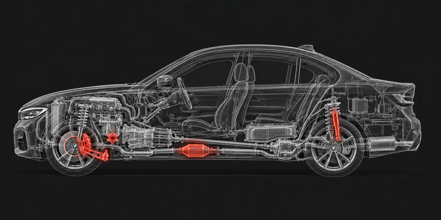 Imagine generată cu AI: schema aceluiași BMW, cu 5 piese uzate marcate cu roșu: disc și etrier de frână, față, braț de suspensie și pivot, suport motor, catalizator, amortizor spate